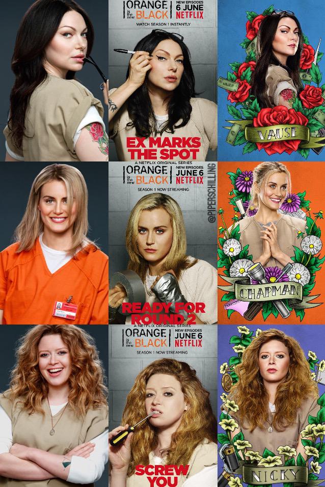 PiperSchilling's tweet image. .@OITNB character promotional posters from Season 1 to 3 #TBT 🐓🍊