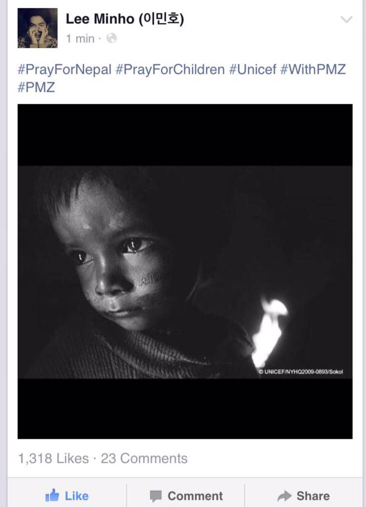 LEEMINHO_2206's tweet photo. @ActorLeeMinHo Instagram, Facebook, Twitter update #PrayForNepal #PrayForChildren #Unicef #WithPMZ #PMZ http://t.co/9tfRuPejDb