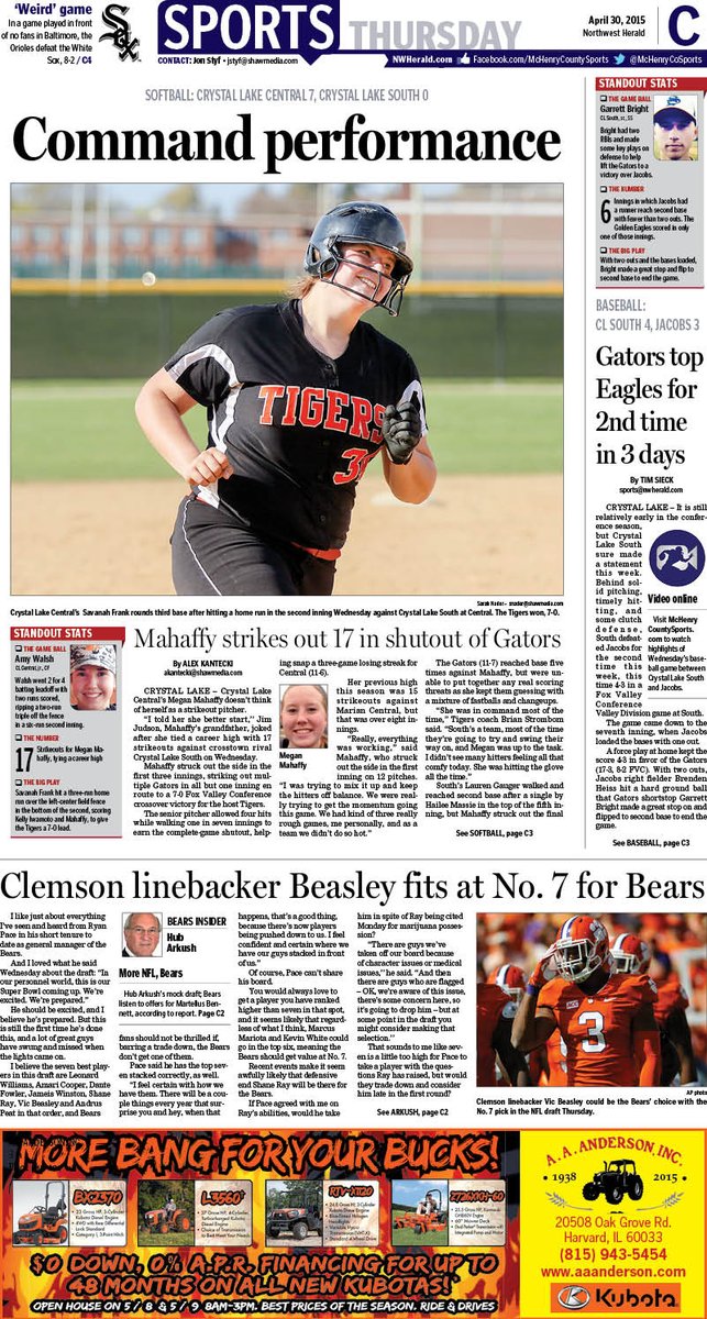 Thursday's <a href="/nwherald/">Northwest Herald - Shaw Local</a> sports front w/ <a href="/CLSSoftball/">Gator Softball</a>, <a href="/clcsoftball15/">CLC Softball</a>, <a href="/CLSBaseball/">Brian Bogda</a>, <a href="/HDJBaseball/">Jacobs Baseball</a> and <a href="/Hub_Arkush/">Hub Arkush</a>