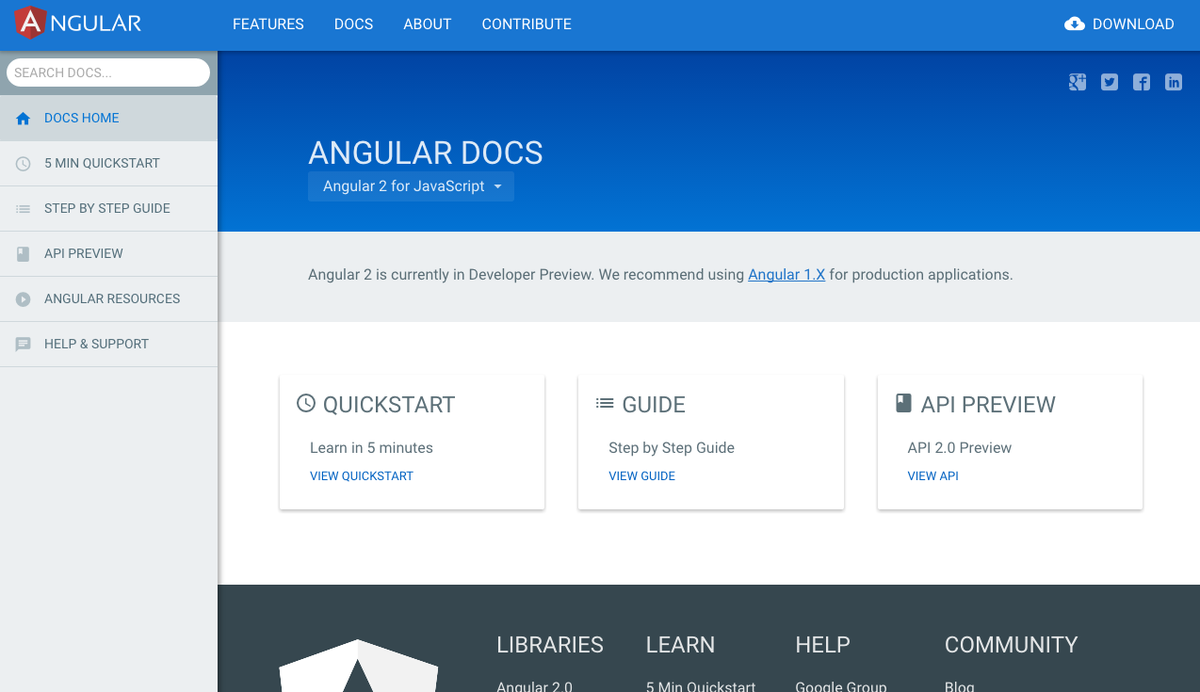 angular's tweet image. Angular 2 moves from Alpha to Developer Preview!  Dev guide and API docs now available at
angular.io/docs/js/latest/