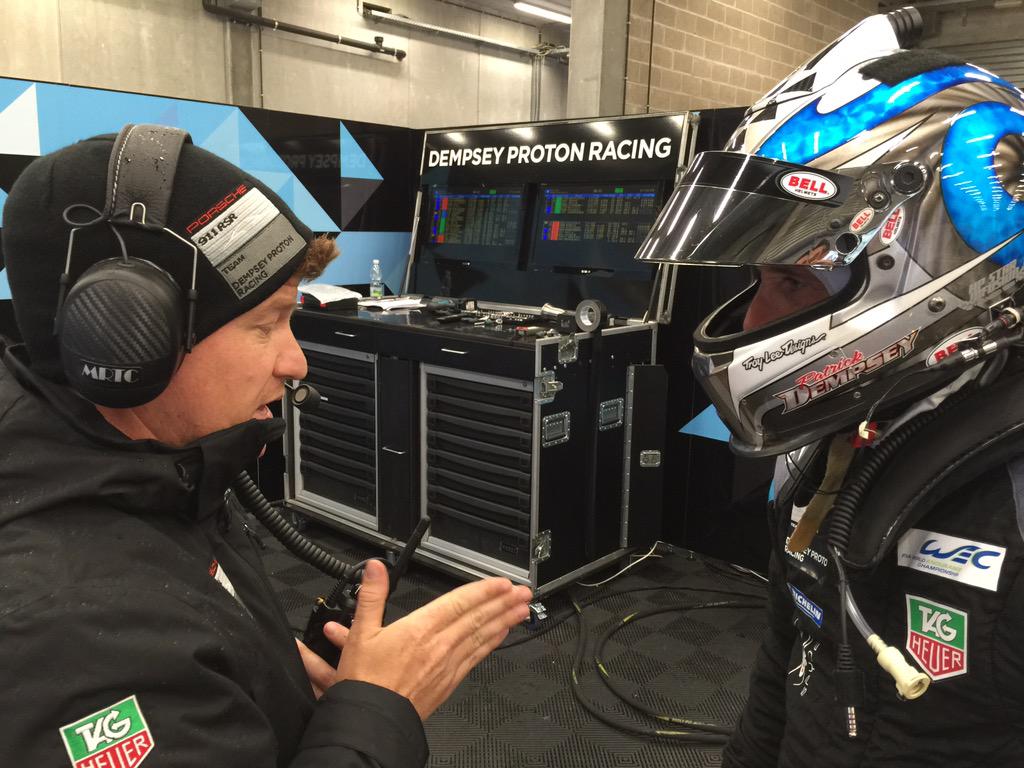 PorscheRaces's tweet photo. Driver change 911 RSR No 77. @MarcoSeefried1 out, @PatrickDempsey in. @pLmotorsport . @FIAWEC @GoDempseyRacing http://t.co/OOr3IBD6B9