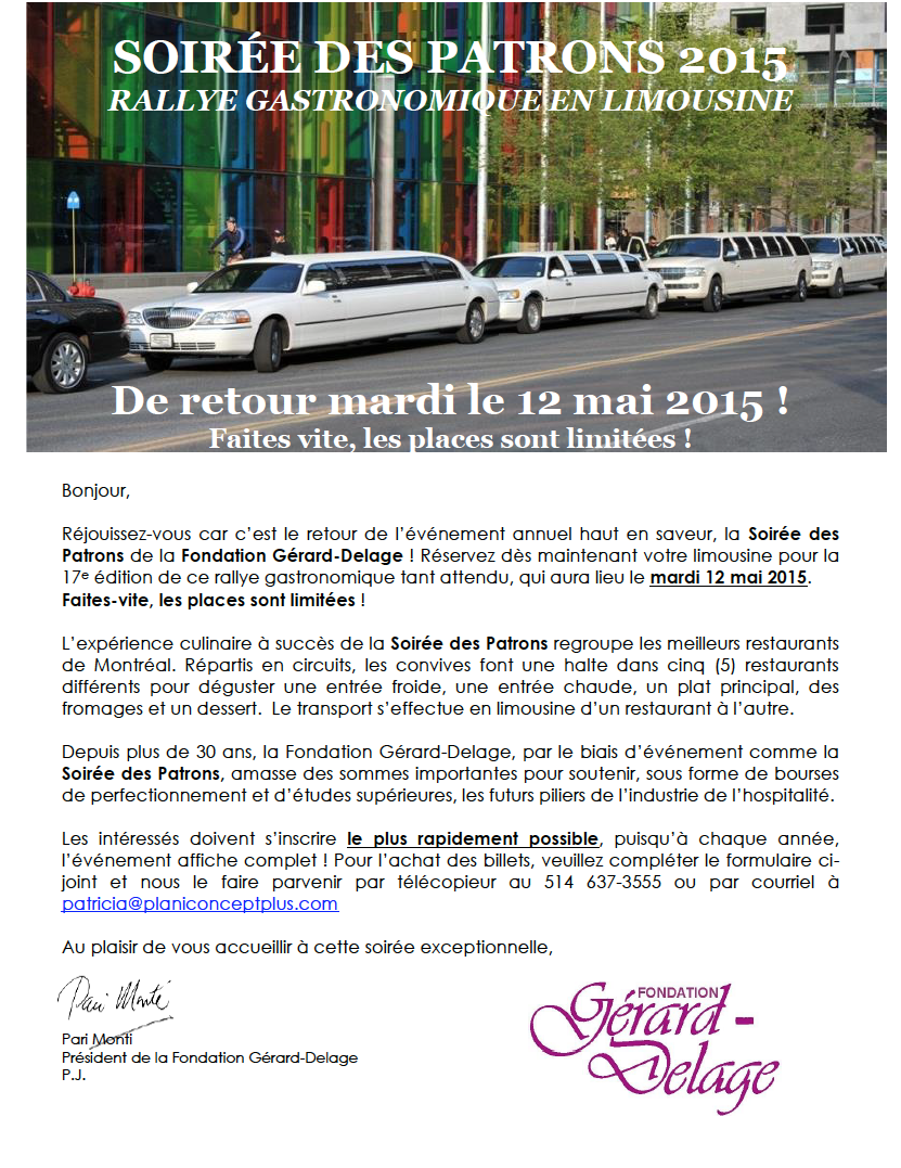 SCCPQ's tweet photo. Soirée des Patrons 2015 - Rallye gastronomique en limousine - mardi le 12 mai 2015! Faites vite, places limitées http://t.co/dZwrUHTIHA