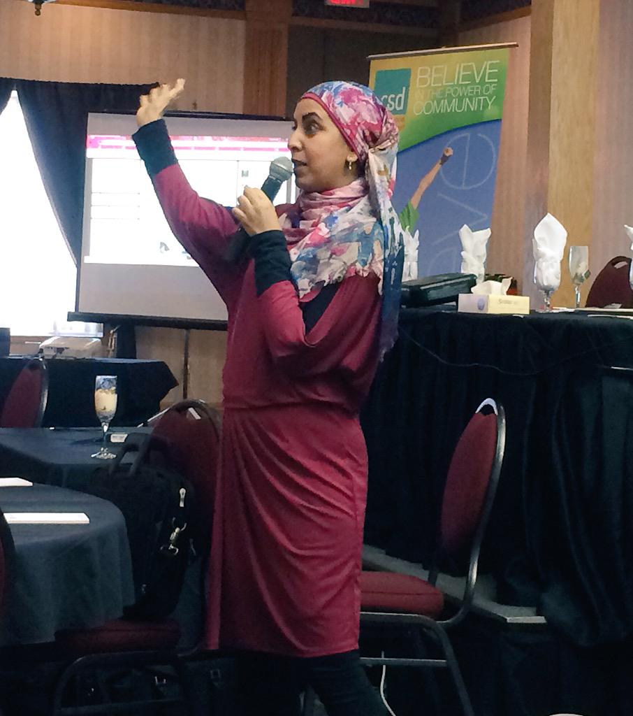 BillGiven's tweet photo. @ZarqaNawaz in #gpab opening #fdcc2015 telling her story and the evolution that led to Little Mosque on the Prairie. http://t.co/5ek9qu1so9
