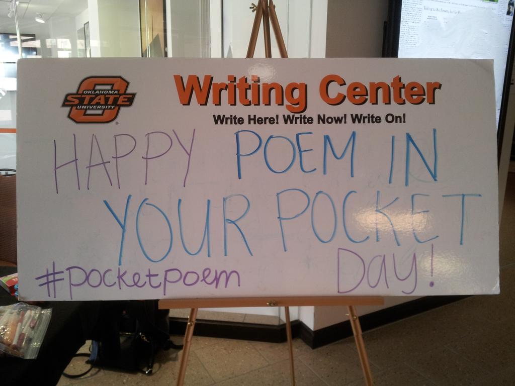 OSUWC's tweet photo. Come celebrate and prettify a poem with us NOW in the Student Union from 11 a.m. to 3 p.m.! #pocketpoem http://t.co/DBLqZj8mde