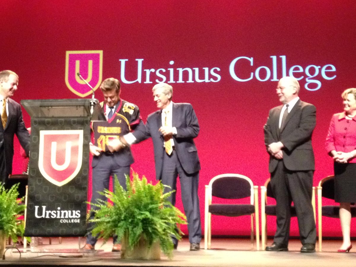 BWillsTH's tweet photo. #THnews @UrsinusCollege President Brock Blomberg puts on his brand new school jersey #schoolpride http://t.co/3e7TeJr8Mb