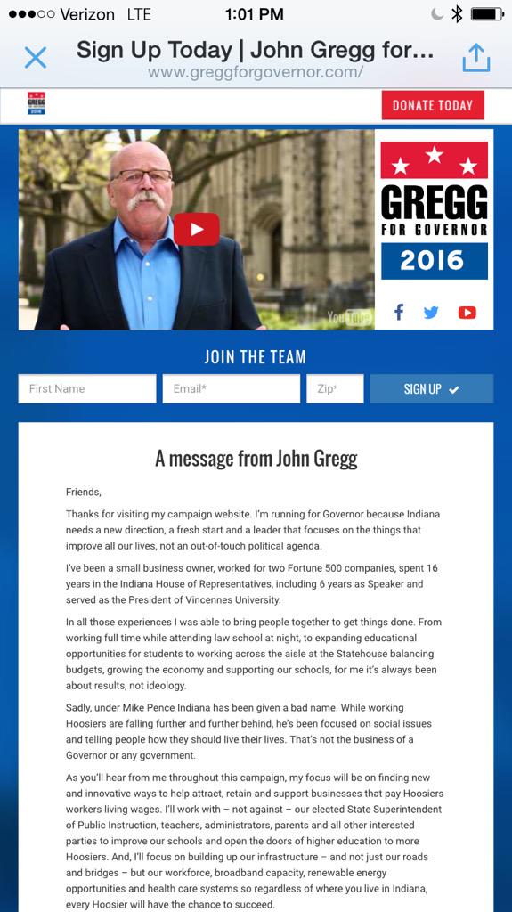 DanSpehler's tweet photo. BREAKING: John Gregg posts note on his web site announcing run for governor in 2016 @FOX59 @CBS4Indy http://t.co/9mr4YsTRRi