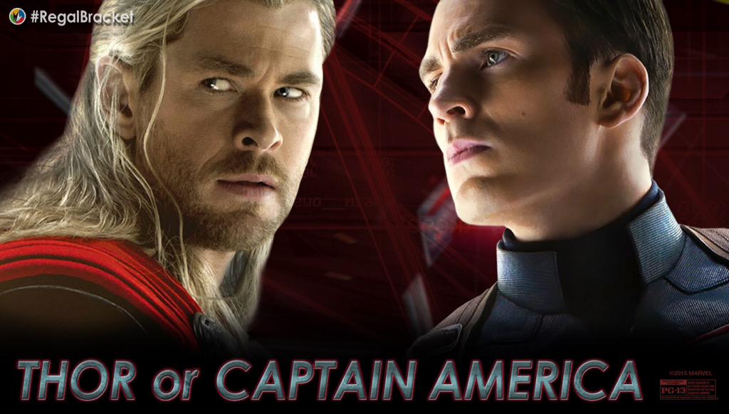 RegalMovies's tweet photo. Thank you voters! We have entered ROUND 2! Use #RegalBracket for #Thor or #CaptainAmerica to enter to win this prize! http://t.co/cKd46BCof6