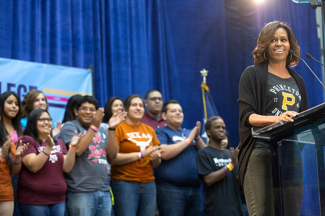 FLOTUS44's tweet photo. Did you go to a university, a community college, or a technical school? Wear your shirt Friday for #CollegeSigningDay http://t.co/6Hacpe6ftQ