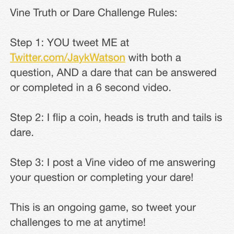 ZenithLux's tweet photo. Vine Truth or Dare Challenge! I'll be starting sometime this weekend so start sending me your challenges! Retweet!! http://t.co/U0Hmjde53I