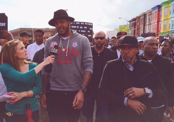 Baltimore natives Kevin Liles and Carmelo Anthony return to join protest today. (via @BmoreFab)