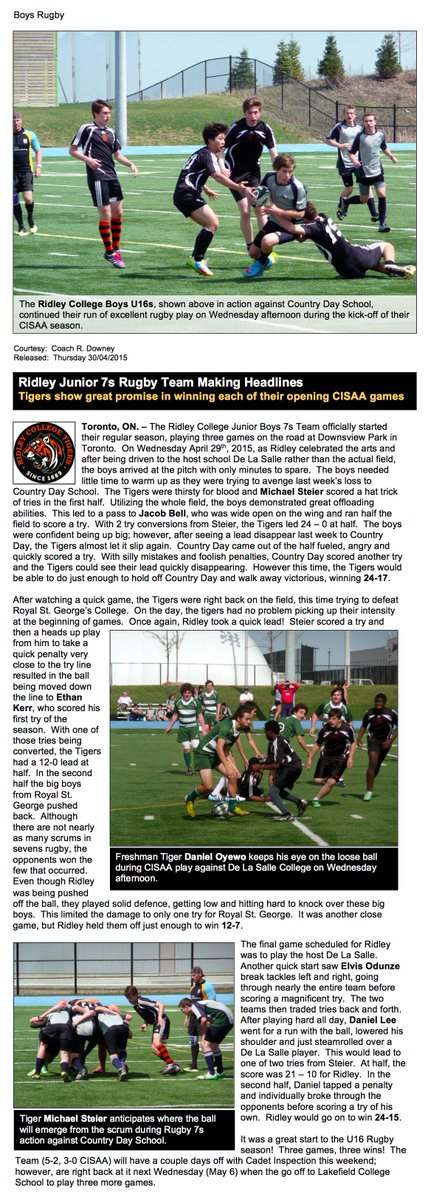 RFC1889's tweet photo. Jr. Boys @Ridley_College Rugby 7s making headlines.  Team wins all 3 of their CISAA games on Wednesday. http://t.co/Qiza0RUUow