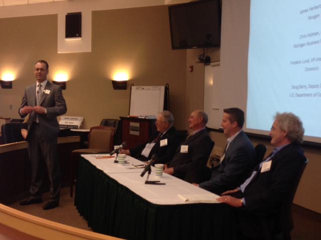 GBClub's tweet photo. What a panel! @dougbarry6, Chris Holman @mibiznetwork, Jim Herbert @neogencorp, Fredric Lund @dominos #gbclubMI http://t.co/w9JgR4f0Pq