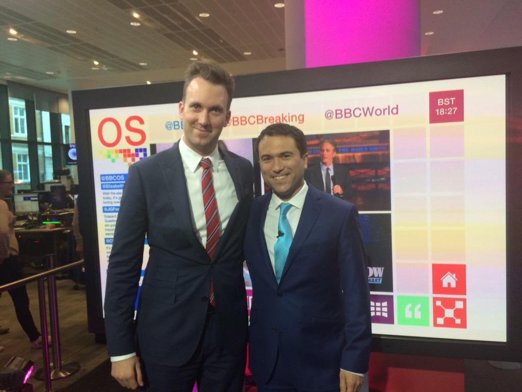 BBCRosAtkins's tweet photo. Much taller &amp; funnier than me. @jordanklepper from @TheDailyShow on @BBCOS. That's a tiny Jon Stewart on my shoulder. http://t.co/c4pCr1Q1aW