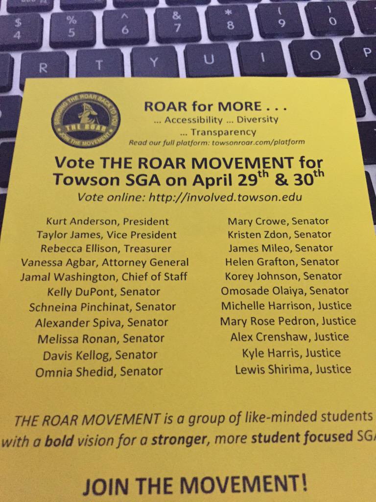 towsonroar's tweet photo. If you can't make it to any of the polling stations on campus, please go to http://t.co/hQb8CtqP13 and vote there!!!! http://t.co/oWlXXvPPI4