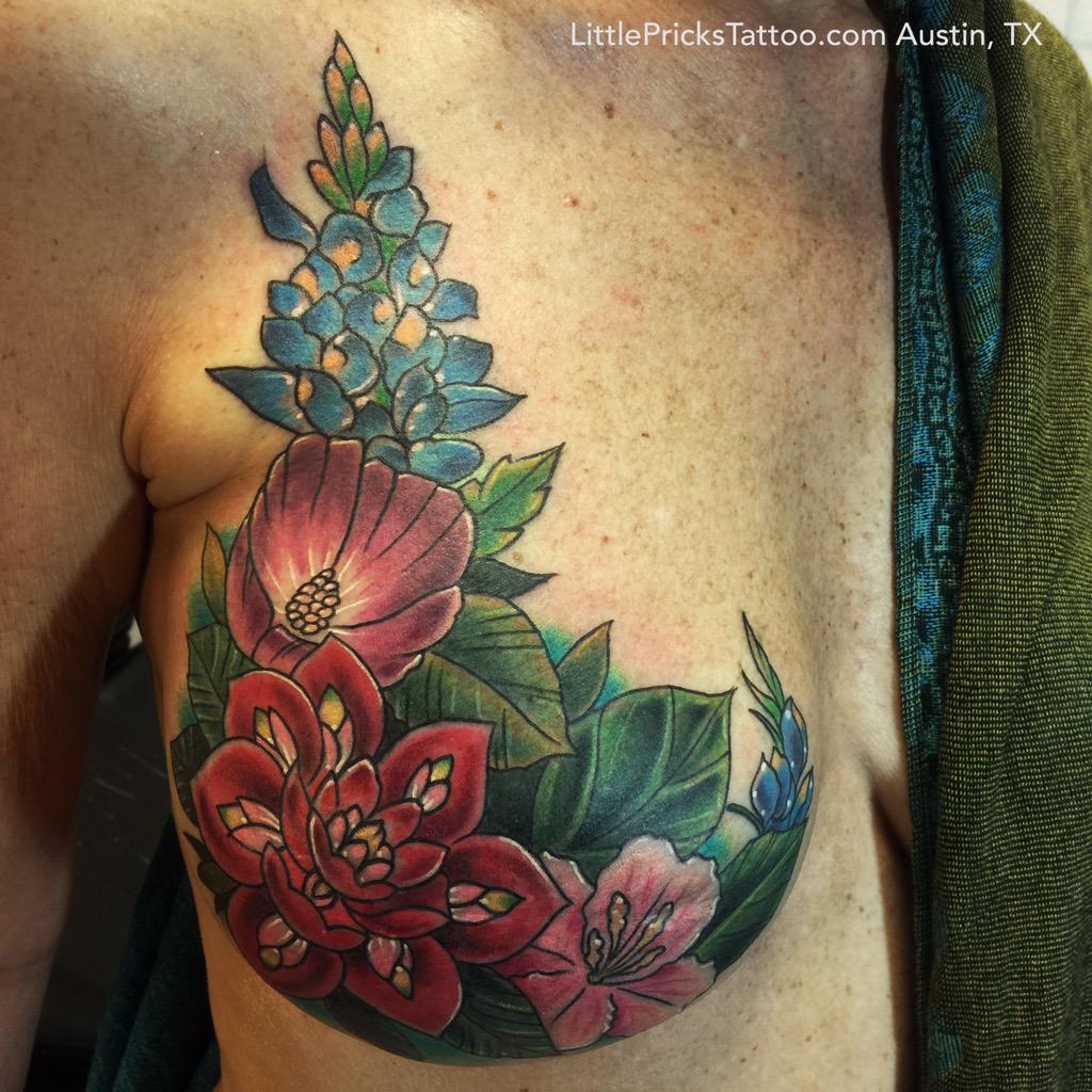 LittlePricksATX's tweet photo. Mastectomy scar cover by Little Pricks Tattoo. Drawn by Jonny and Colored by @KyleGiffen #scare #tattoo #ink #atx http://t.co/zRPrp3j55E