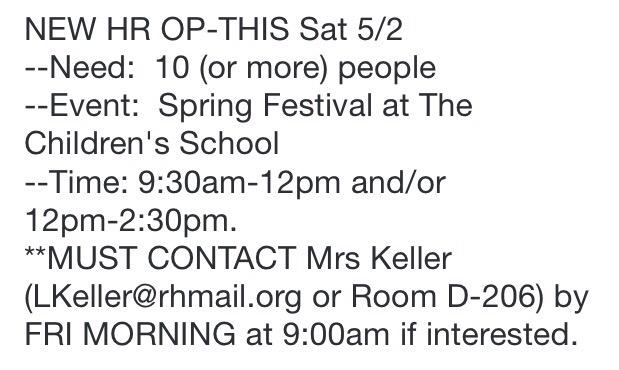 rhhs_nhs's tweet photo. NEW OP!!!! This Saturday 5/2
Email Keller immediately! http://t.co/u7QkWue0OX http://t.co/4PDjIu1QsO