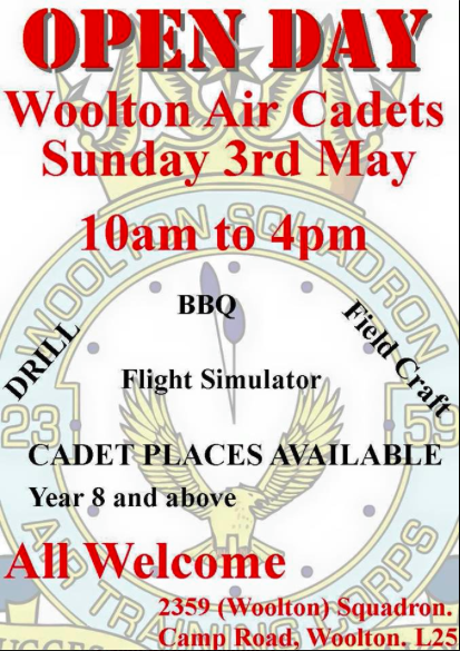 WooltonAirCadet's tweet photo. Sunday our #squadron's hosting an open day! Come speak to staff and @aircadets, &amp; enjoy the BBQ! @WooltonL25 http://t.co/1QQwenv0Go