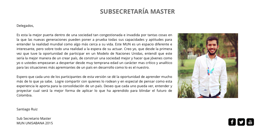 MUNewsabana's tweet photo. Santiago Ruiz es el encargado de la Subsecretaría Master en #MUNUnisabana2015 
http://t.co/fXRL7TyynS http://t.co/40r2kmlu5M