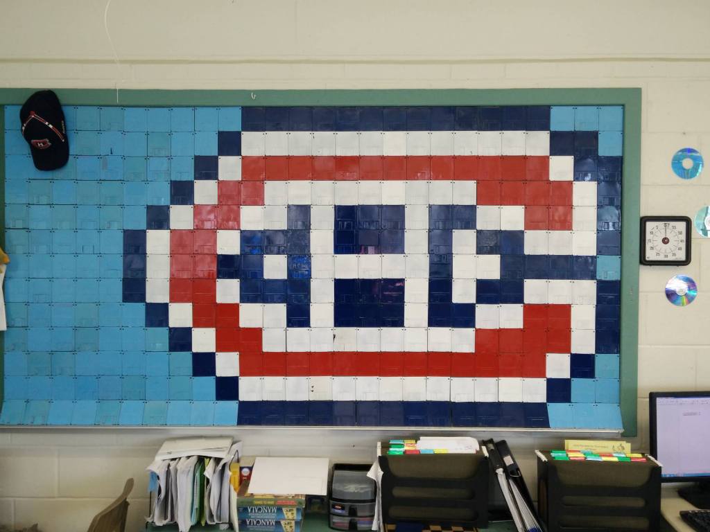 robxrob's tweet photo. @CanadiensMTL  My grade 5&amp;6 students made something out of old floppy disks to cheer the team on in round 2. http://t.co/x15HM7DATT