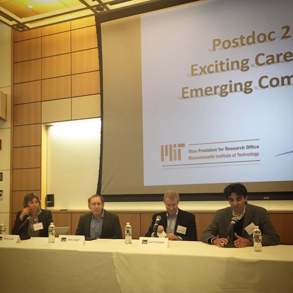 MITPDA's tweet photo. @maria_zuber, Bob Langer, Tuck Rickards @RRAonLeadership, Amir Nashat @VCAmir @PolarisVC #postdoc2 #mit http://t.co/Cvo9FRoVLo