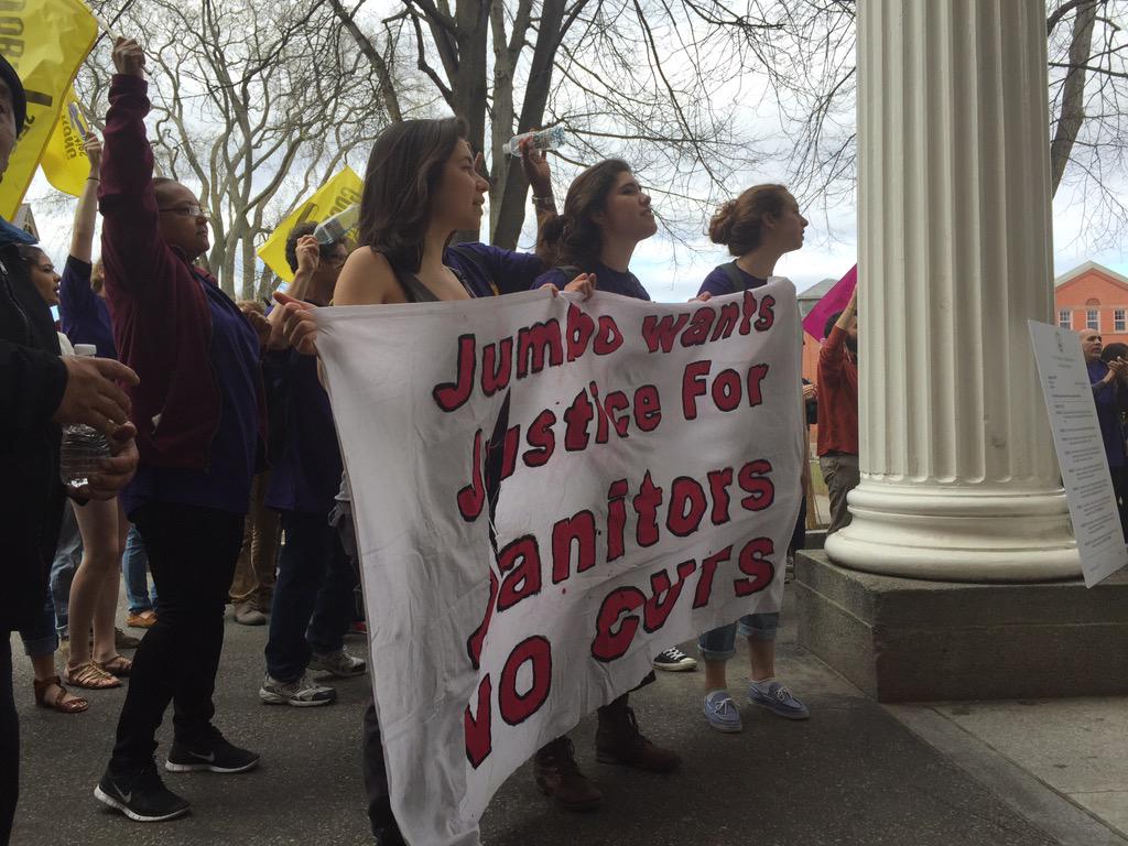 tuftslabor's tweet photo. BREAKING @KyleClauss rally at Tufts. Students and union members taken into custody. #nocutsattufts #jumboinjustice http://t.co/AAwDt9OUfq