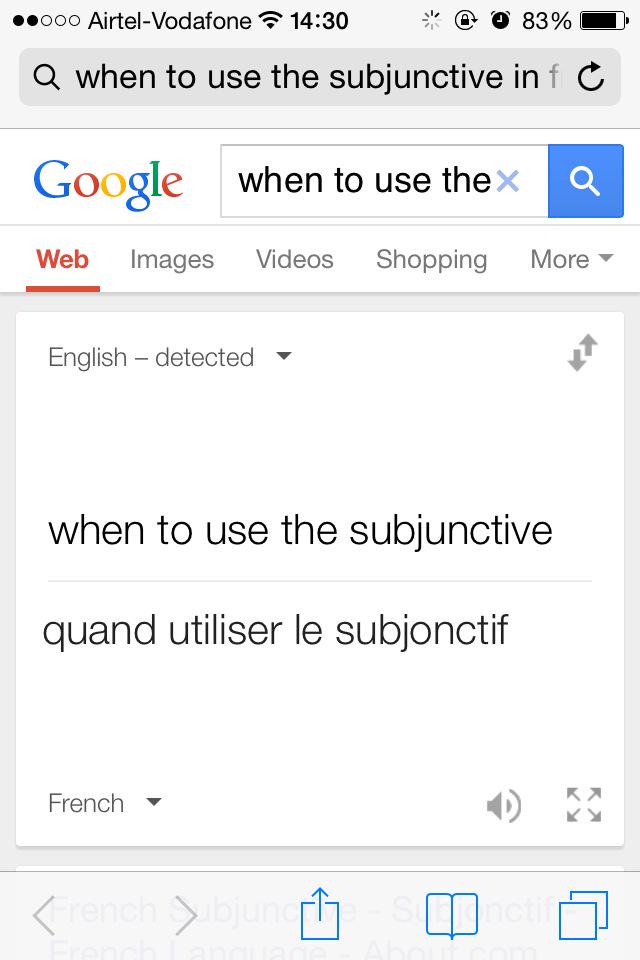 sylviehmr33's tweet photo. I typed in 'when you use the subjunctive in French' #thanksgoogle #realhelpful http://t.co/KkAKt1yqwd