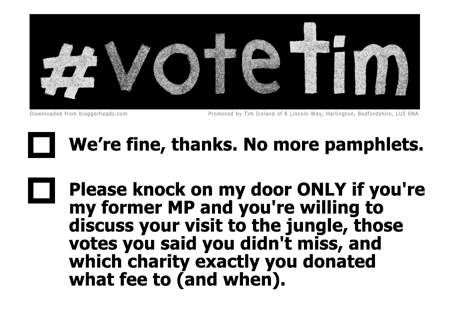 bloggerheads's tweet image. First #votetim '#doorposter' rolled out this afternoon. It looks like this.
Print to A4, attach to door
More tomorrow
