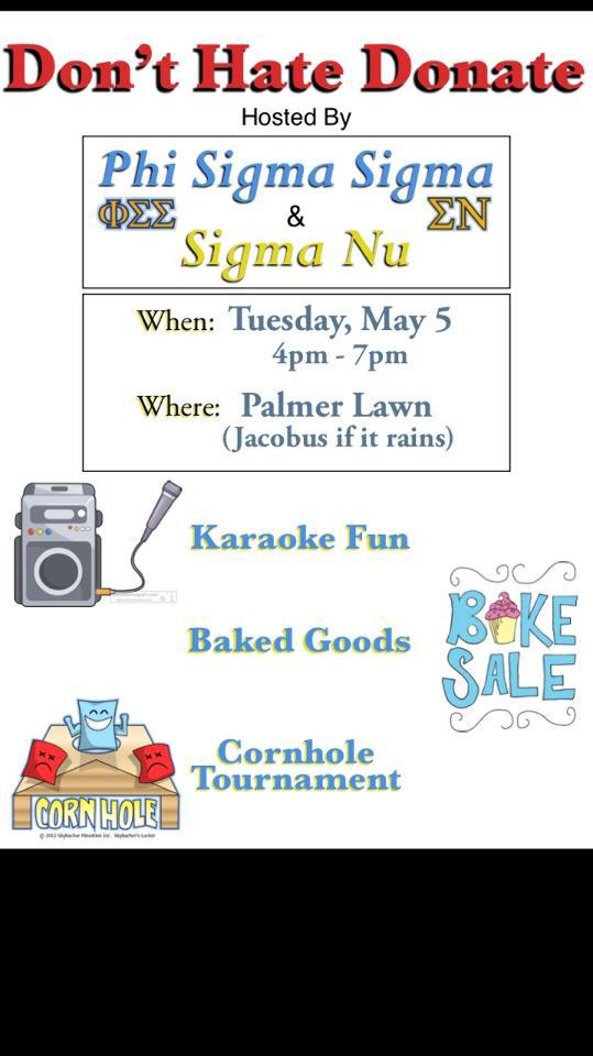 GDSigmaNu's tweet photo. Come support the Wounded Warrior Project this Tuesday on Palmer Lawn for "Don't Hate Donate"! http://t.co/8YdbyVwWBF