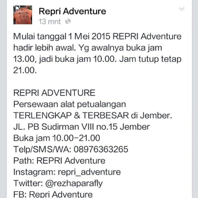 RezhaParafly's tweet photo. Mulai tgl 1 Mei 2015 kami hadir lebih awal guys!
#sewaalatcamping #jember #bondowoso #lumajang #situnondo #banyuwangi http://t.co/1518CJyS6f