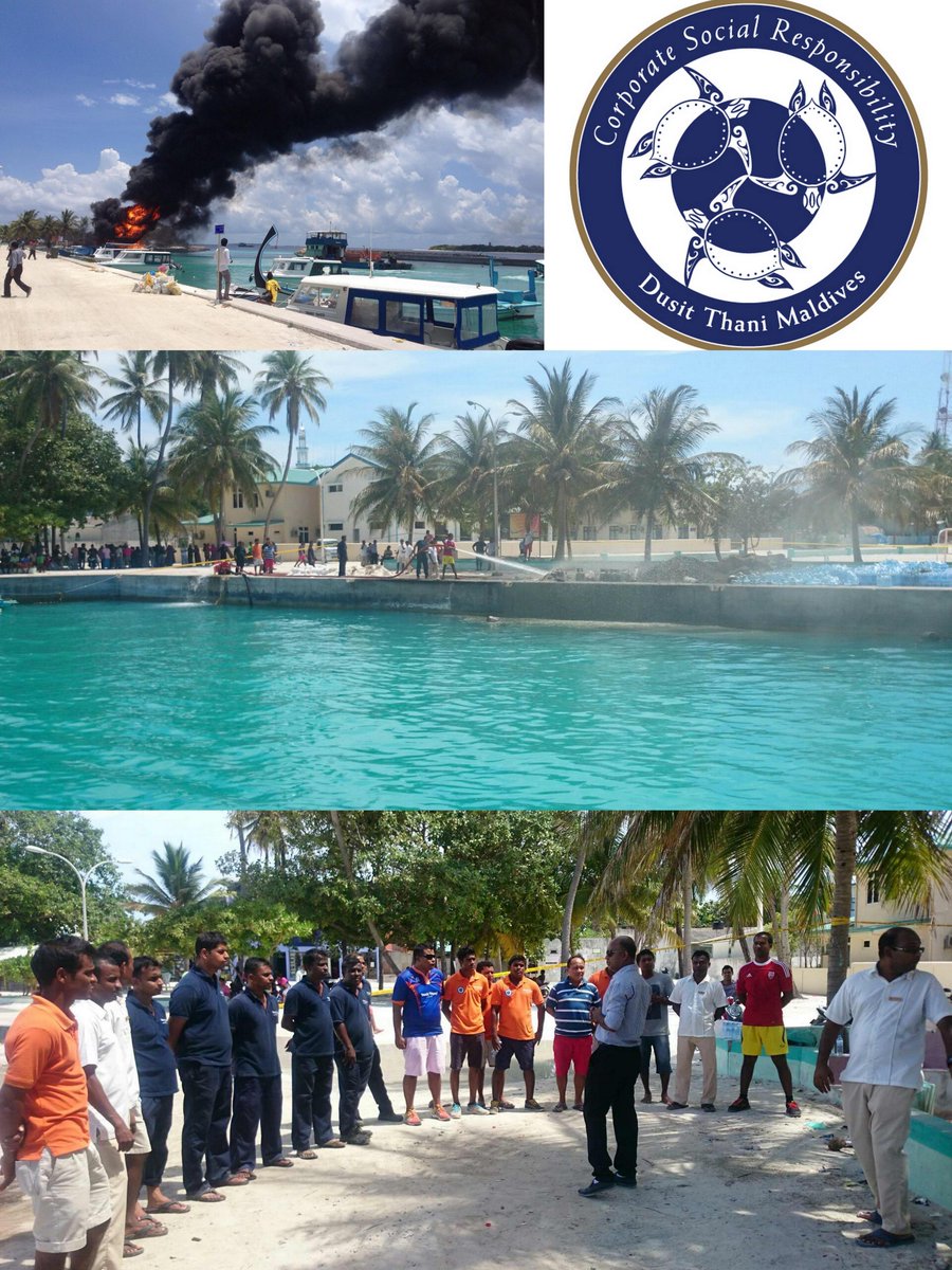 DusitThaniMV's tweet photo. Our Staff Fire fighting team yesterday helping out the local island (Eydhafushi - 20 mins by speedboat) fight a fire. http://t.co/gFtE9m7e7W