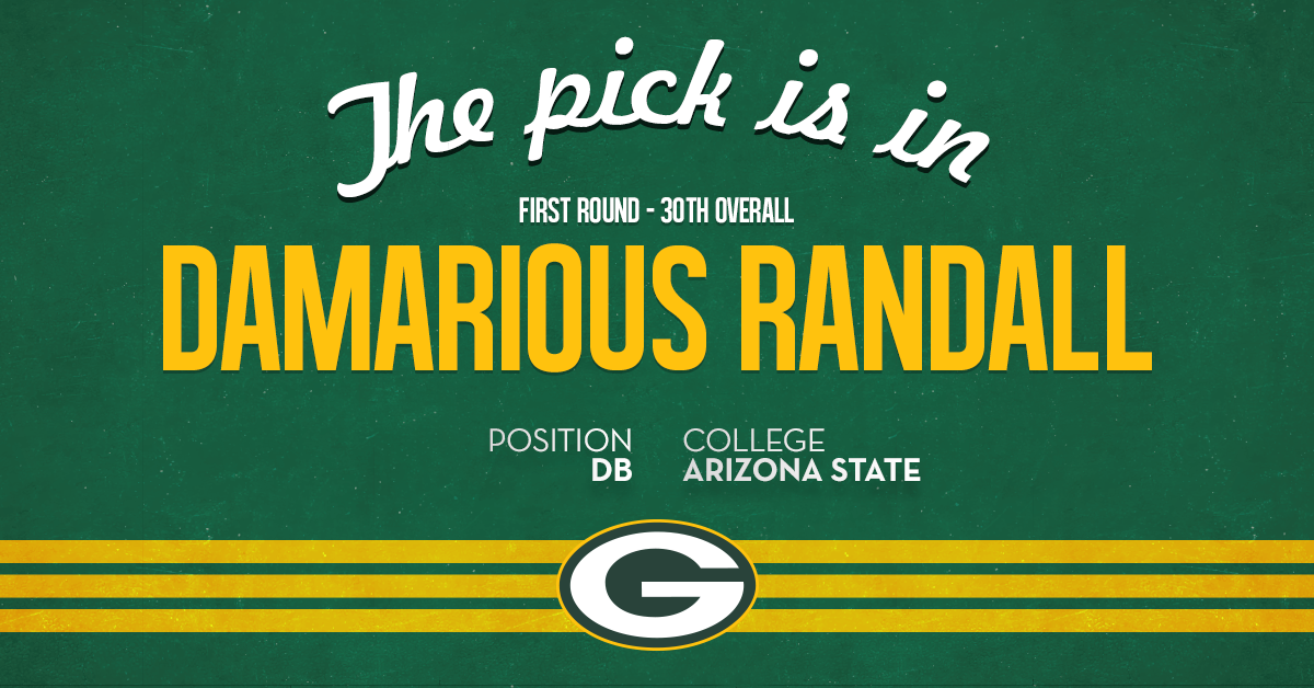 packers's tweet image. With the 30th pick in the 2015 NFL Draft, the #Packers select DB Damarious Randall, Arizona St. #PackersDraft