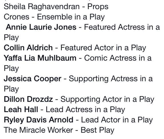 Congratulations to our Cappies nominees! (For The Miracle Worker)