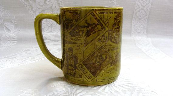EtagereAntiques's tweet image. Postage Stamps Coffee Cup | Olive Green | Made in  arnd.co/SK25r  #etsy #alexamigos