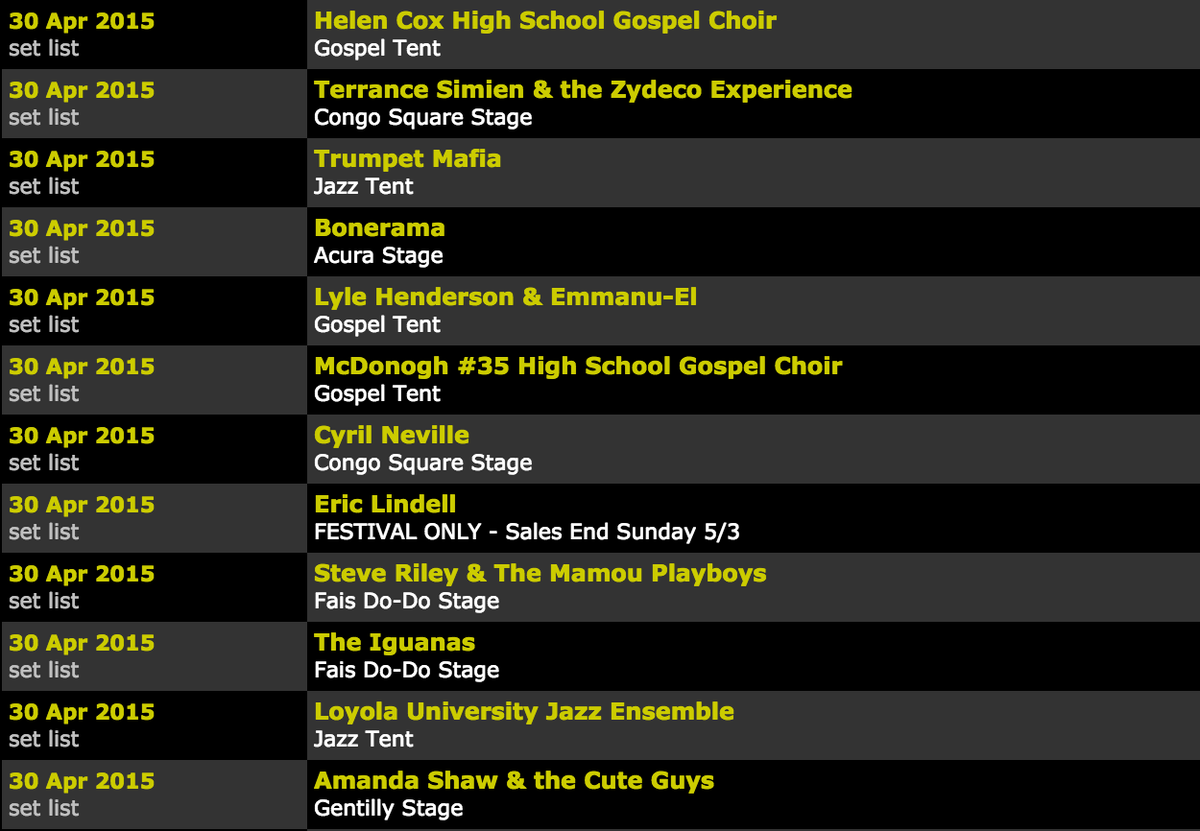 NOJazzFestLive's tweet photo. Had a great Thursday @jazzfest! Music is still going, but heres a list of who we recorded today #jazzfest2015 http://t.co/VqN5sifvQD