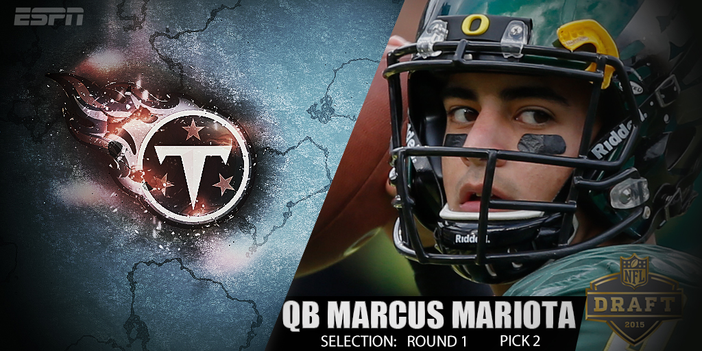 ESPNNFL's tweet photo. The @TennesseeTitans have a new QB and his name is Marcus Mariota. 

#TENpick http://t.co/iioKUeoEA6