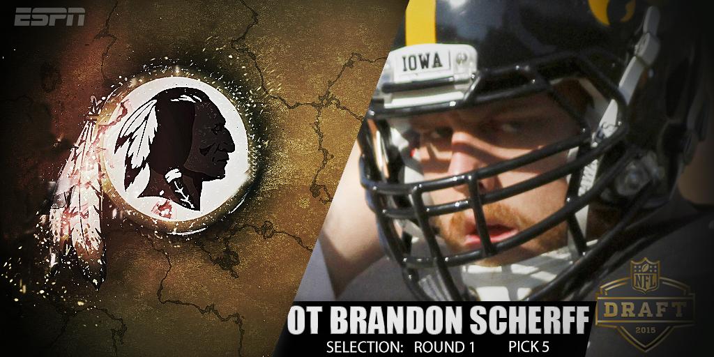 ESPNNFL's tweet photo. With the 5th pick in the 2015 NFL Draft, the @Redskins select Brandon Scherff, OT from Iowa. 
#WSHpick http://t.co/Ua8vY877uv