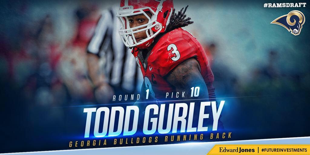 UGA__Football's tweet photo. Todd Gurley is selected by the St. Louis Rams with the 10th pick of the NFL Draft! #DawgsInTheNFL http://t.co/ly58d6FCvI