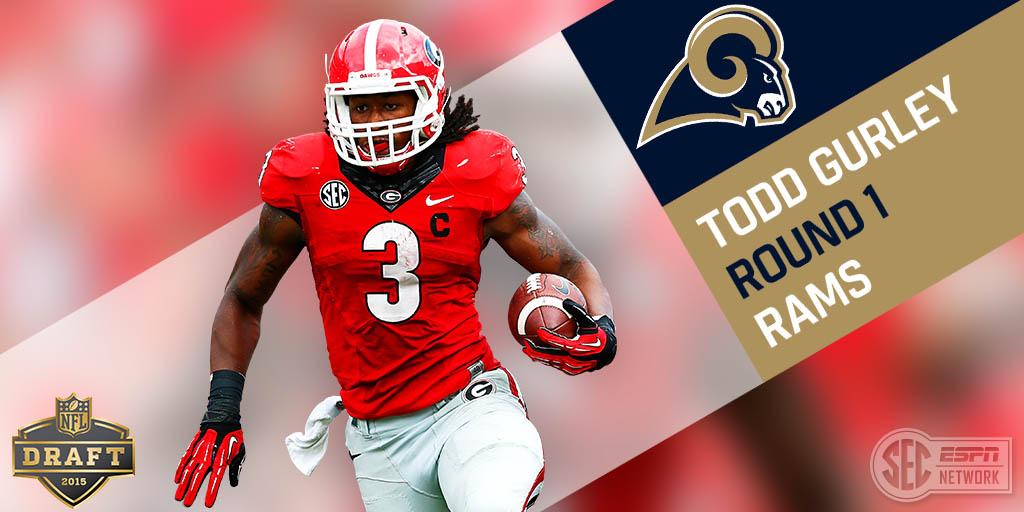 SECNetwork's tweet photo. There Goes Gurley! With the 10th pick in the 2015 #NFLDraft, Todd Gurley is headed to the @STLouisRams. http://t.co/FJCxtcAASL