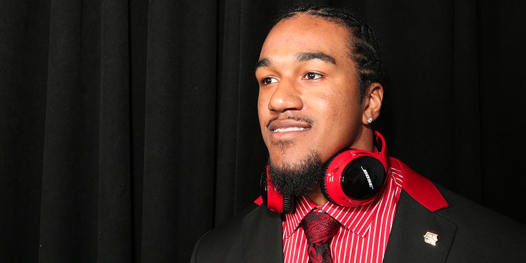 Bose's tweet photo. Looks like @VicBeasley3 knew to wear @AtlantaFalcons colors tonight. #RiseUp. #NFLDraft http://t.co/M4cjit042W