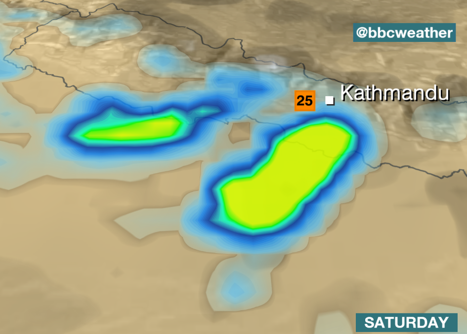 bbcweather's tweet photo. #Nepal - #Thunderstorms likely on Saturday with hail, lightning and gusty winds. JW http://t.co/7zN3p4F0QY