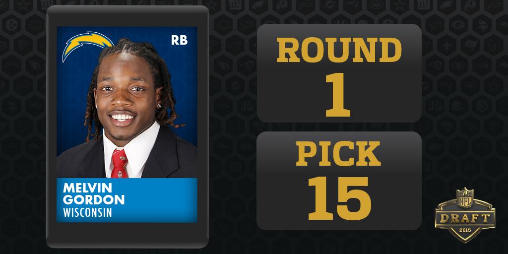 NFL's tweet photo. Round 1 - Pick 15

@Chargers select Melvin Gordon, RB, Wisconsin #NFLDraft http://t.co/7WF1fjJzOG