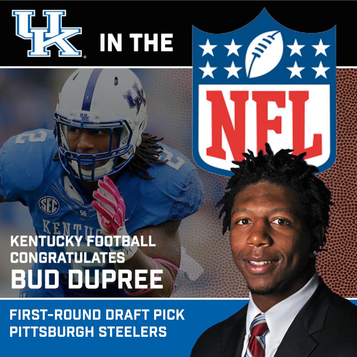 UKAthletics's tweet image. Bud's a Steeler! 

@Bud_Dupree2 goes No. 22 overall to Pittsburgh. #WeAreUK #NFLDraft