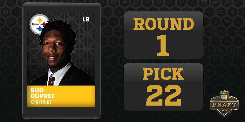 NFL's tweet photo. Round 1 - Pick 22

@Steelers select Bud Dupree, LB, Kentucky #NFLDraft http://t.co/ihnfARt9HG