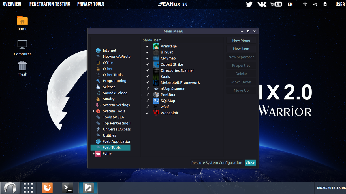 You can add or remove tools from the penetration testing tools by running "Main Menu" from applications menu. #SEANux