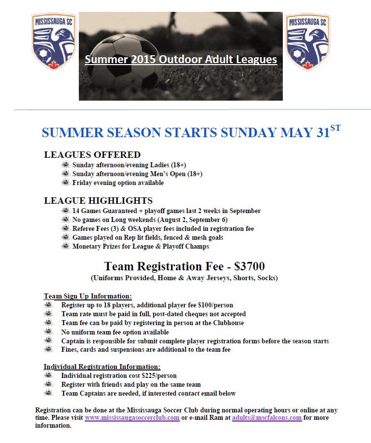 mississaugasc's tweet image. 2015 Outdoor Soccer Men's &amp;amp; Ladies Leagues, Recreational &amp;amp; Competitive!