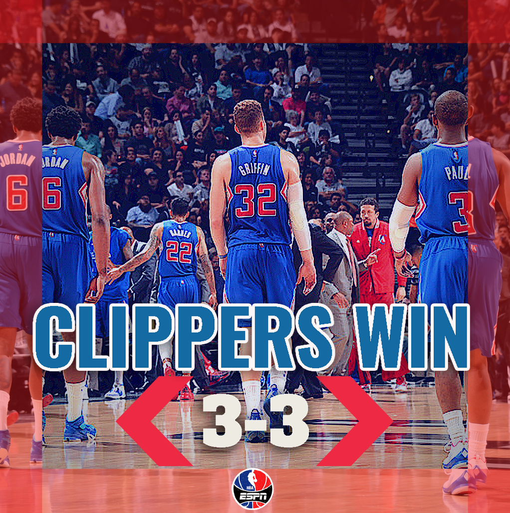 ESPNNBA's tweet image. Game 7, here we come. Clippers beat Spurs 102-96 to even series, 3-3. Blake Griffin: 26 Pts, 12 Reb, 6 Ast, 4 Blk.
