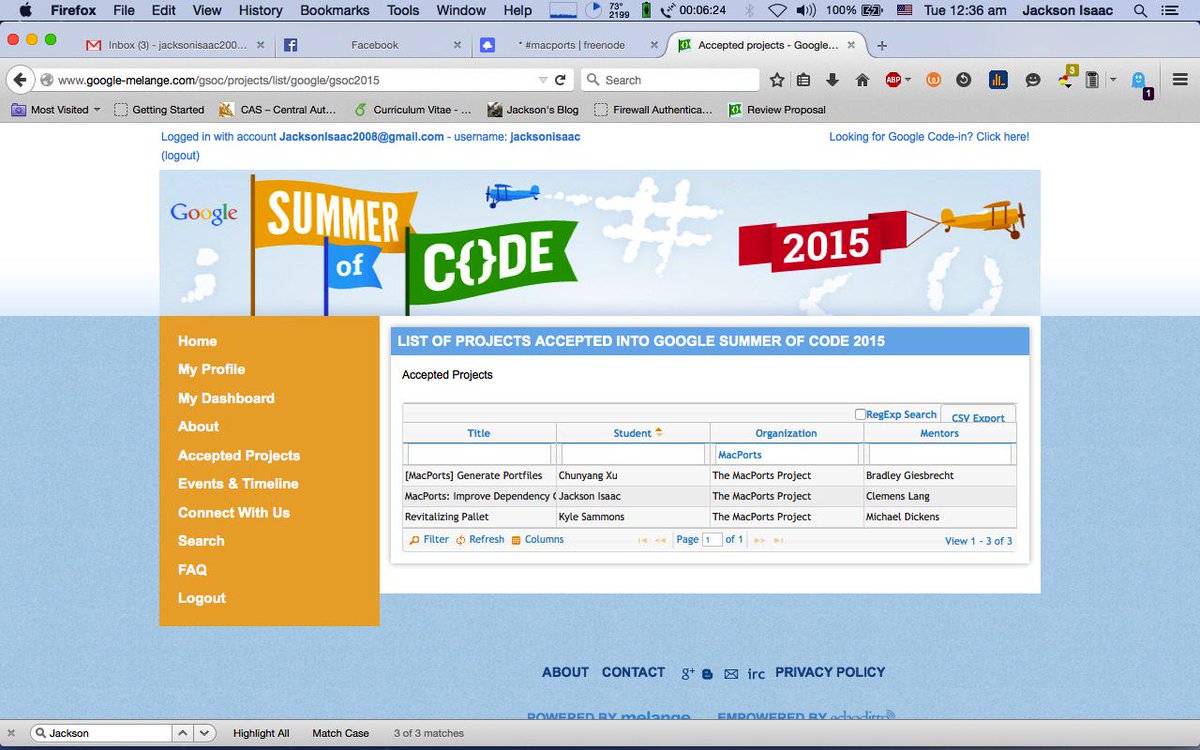 iJacksonIsaac's tweet image. #GSoC2015 with #TheMacPortsProject and an awesome mentor who says @neverpanic ;)