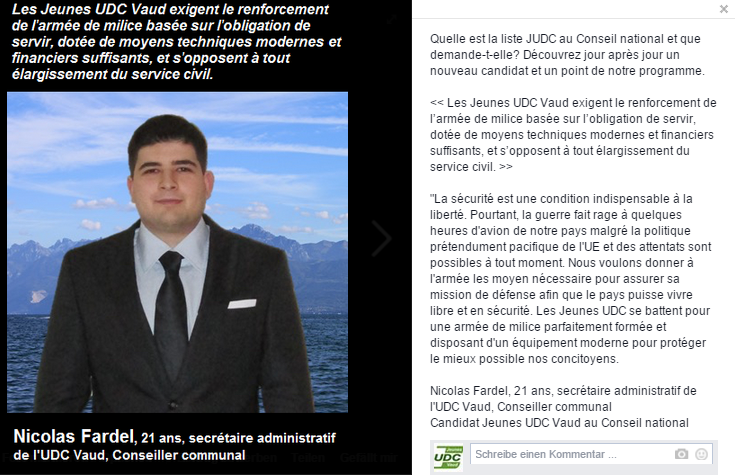 UDC_Lausanne's tweet photo. Présentation de nos candidats au Conseil national. Aujourd'hui, Nicolas Fardel (@NFardel) 21 ans. #EF2015 #JUDC http://t.co/XhTdR7JnqB