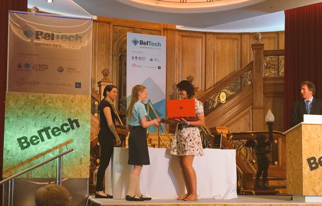 KainosSoftware's tweet photo. .@CrothersGemma presents the key stage 3 @GoBerserk1 award! Congratulations to all of today's winners at #BelTech15 http://t.co/Dj6MiT2Pf6