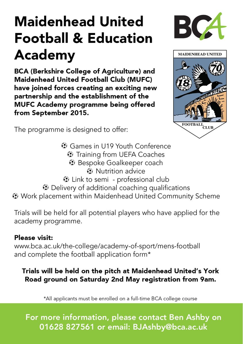 BCA_Maidenhead's tweet photo. BCA are now in partnership with @MaidenheadUtd to launch the MUFC Academy programme! http://t.co/nQkRN8ncVP http://t.co/P9SL3Vlrz7